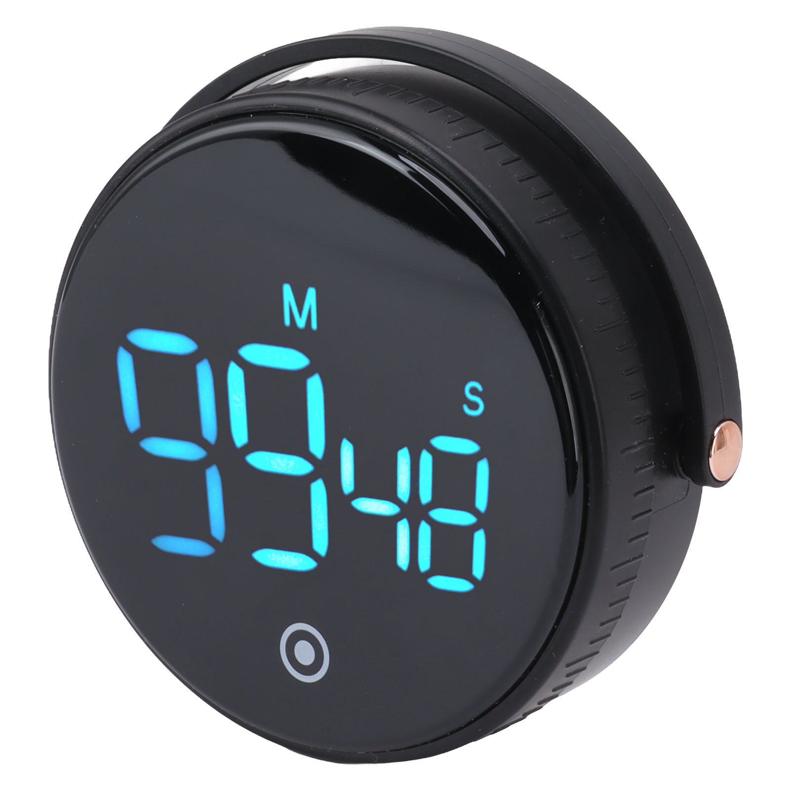 Ein schwarzer digitaler Küchentimer zeigt 99 Minuten und 48 Sekunden in blauen Ziffern an. Er hat einen Griff und eine Taste.