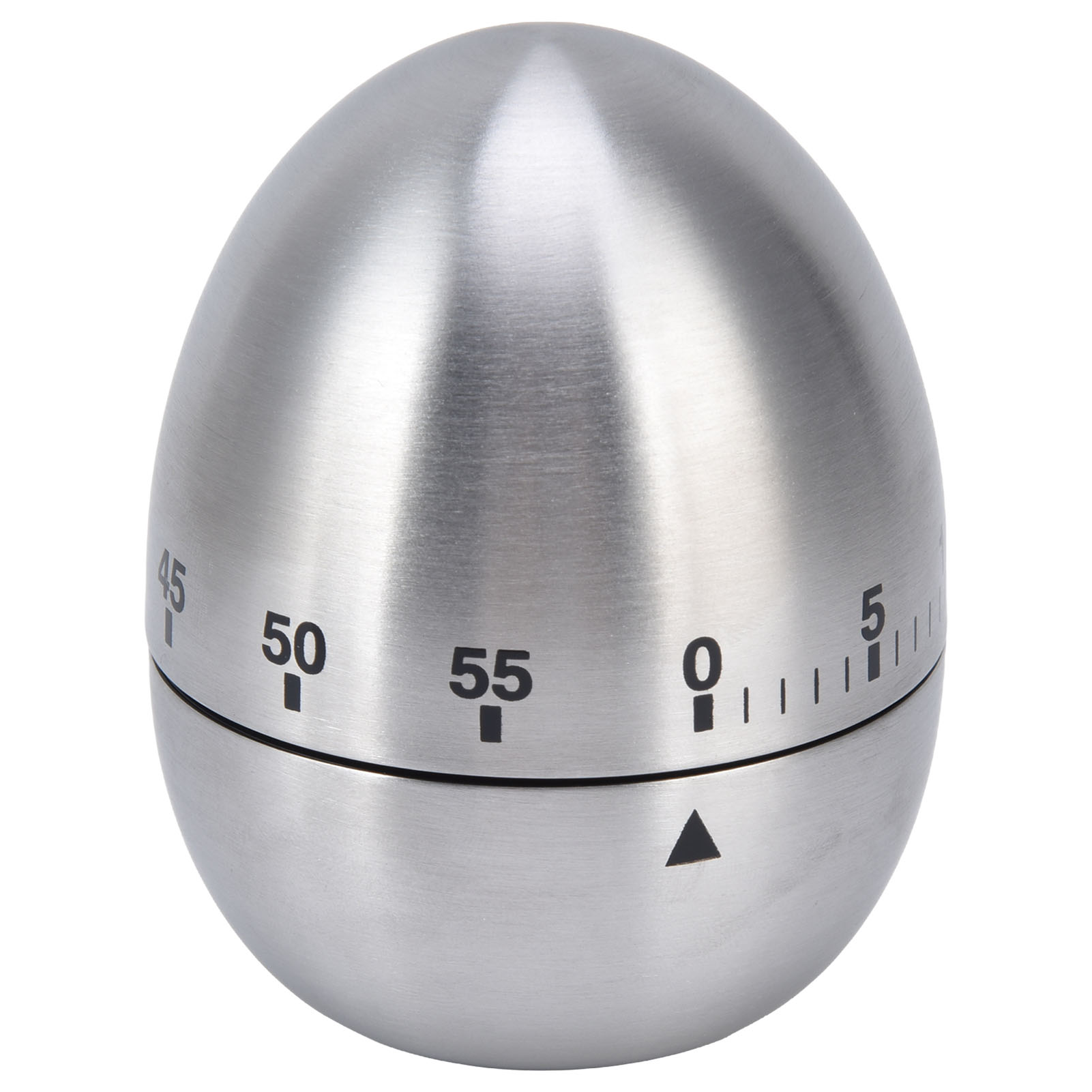 Ein metallischer eiförmiger Küchentimer. Er hat Zahlen für Minuten und einen schwarzen Pfeil, um die Zeit einzustellen. Der Hintergrund ist weiß.