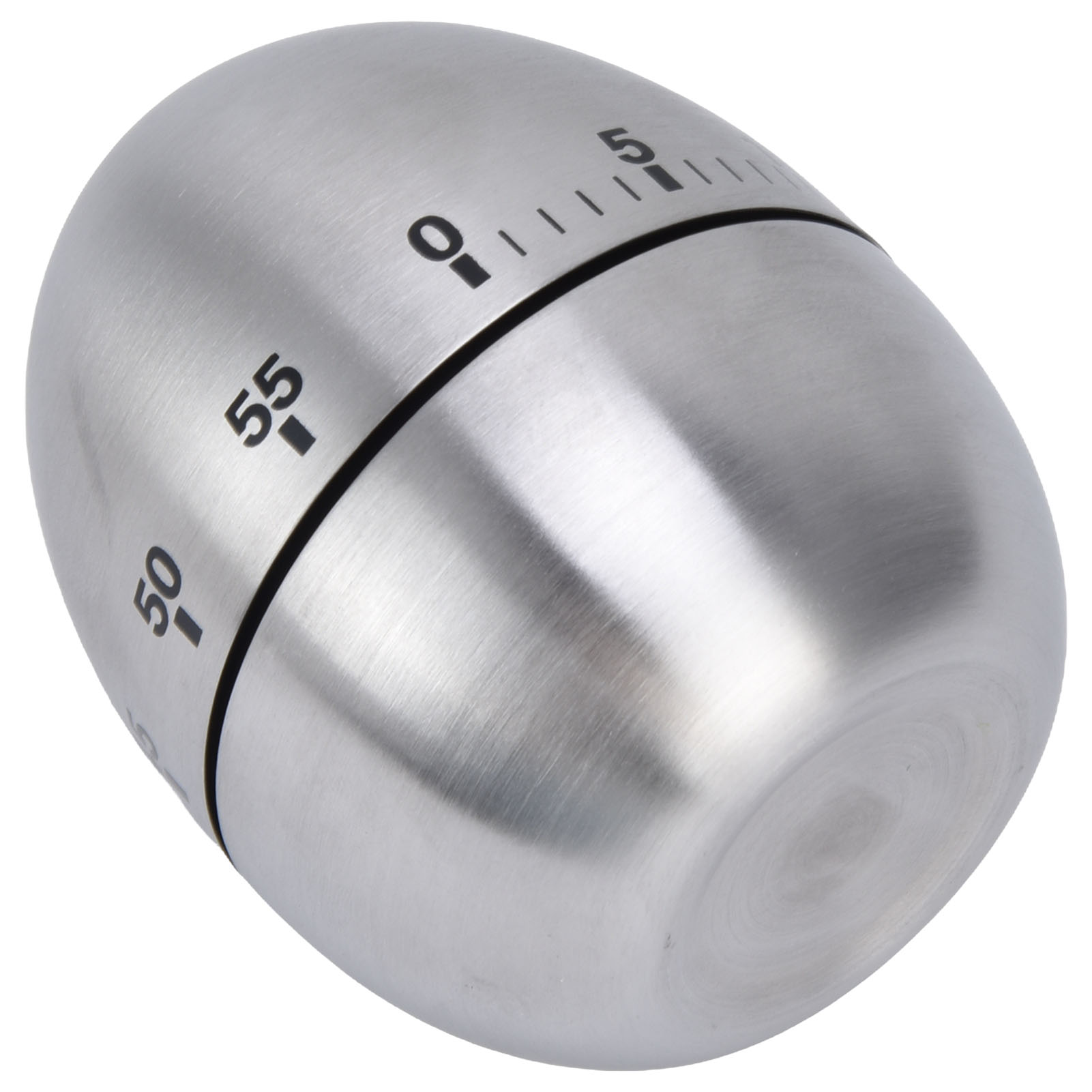 Ein silberner eiförmiger Küchentimer mit schwarzem Zifferblatt. Zahlen von 0 bis 55 auf dem Zifferblatt. Die Oberfläche ist gebürstetes Metall.