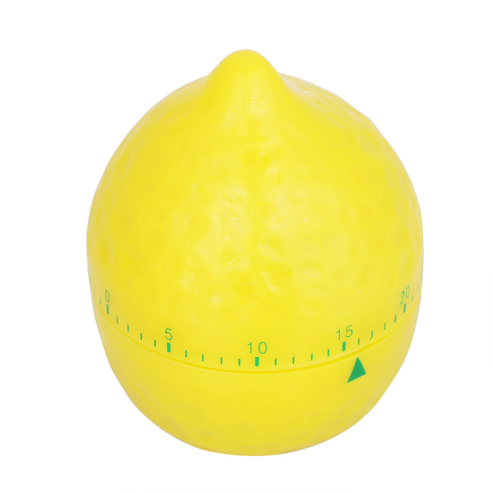 Ein gelber, zitronenförmiger Küchentimer. Er hat einen grünen Pfeil, der auf die 15-Minuten-Marke zeigt, und eine Skala von 0 bis 20 in Grün.
