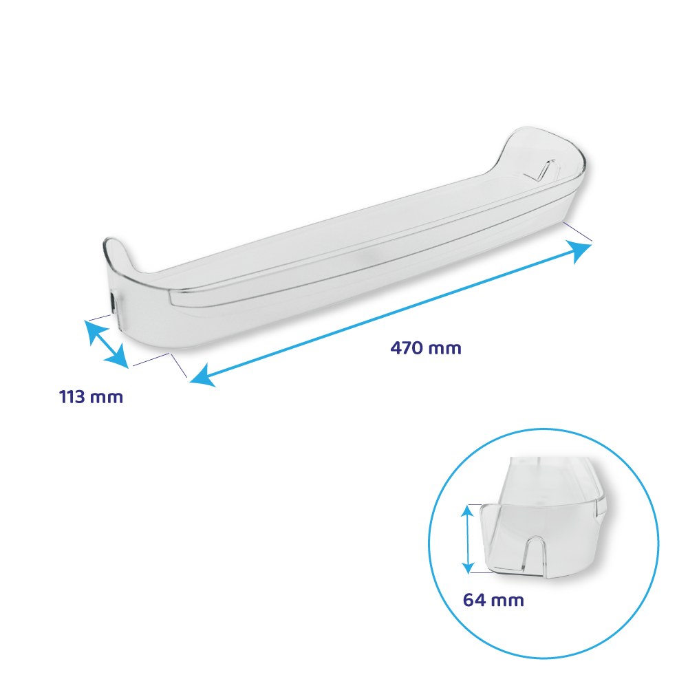 Ein transparentes Kunststoff-Kühlschrankregal mit den Maßen: 470 mm lang, 113 mm breit und 64 mm hoch. Pfeile zeigen die Messungen.