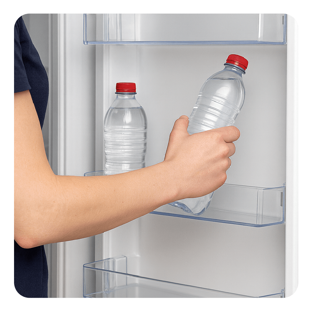 Eine Person stellt eine Wasserflasche mit roter Kappe in einen Kühlschrank. Eine andere Flasche steht auf einem Regal.