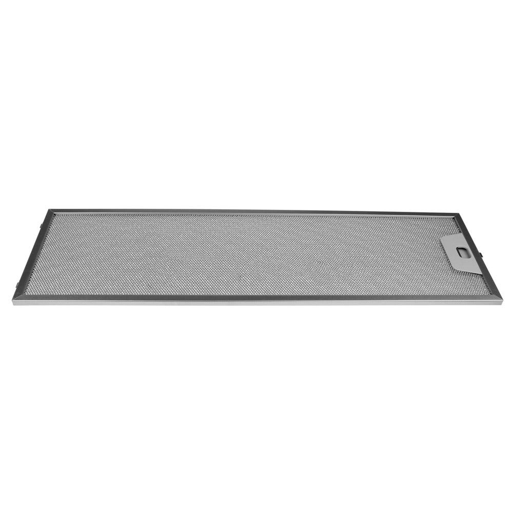 Ein rechteckiger Dunstabzugshaubenfilter aus Edelstahl mit einem Metallgitter, einem silbernen Rahmen und einem kleinen Griff rechts.