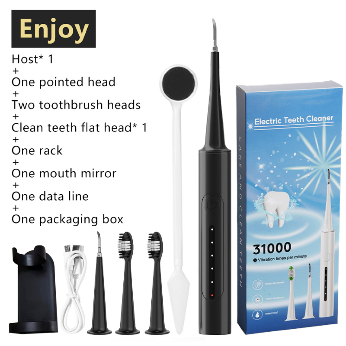 An electric teeth cleaner kit is displayed. Includes a host, heads, a mirror, and a box. The box indicates 31000 vibrations per minute.