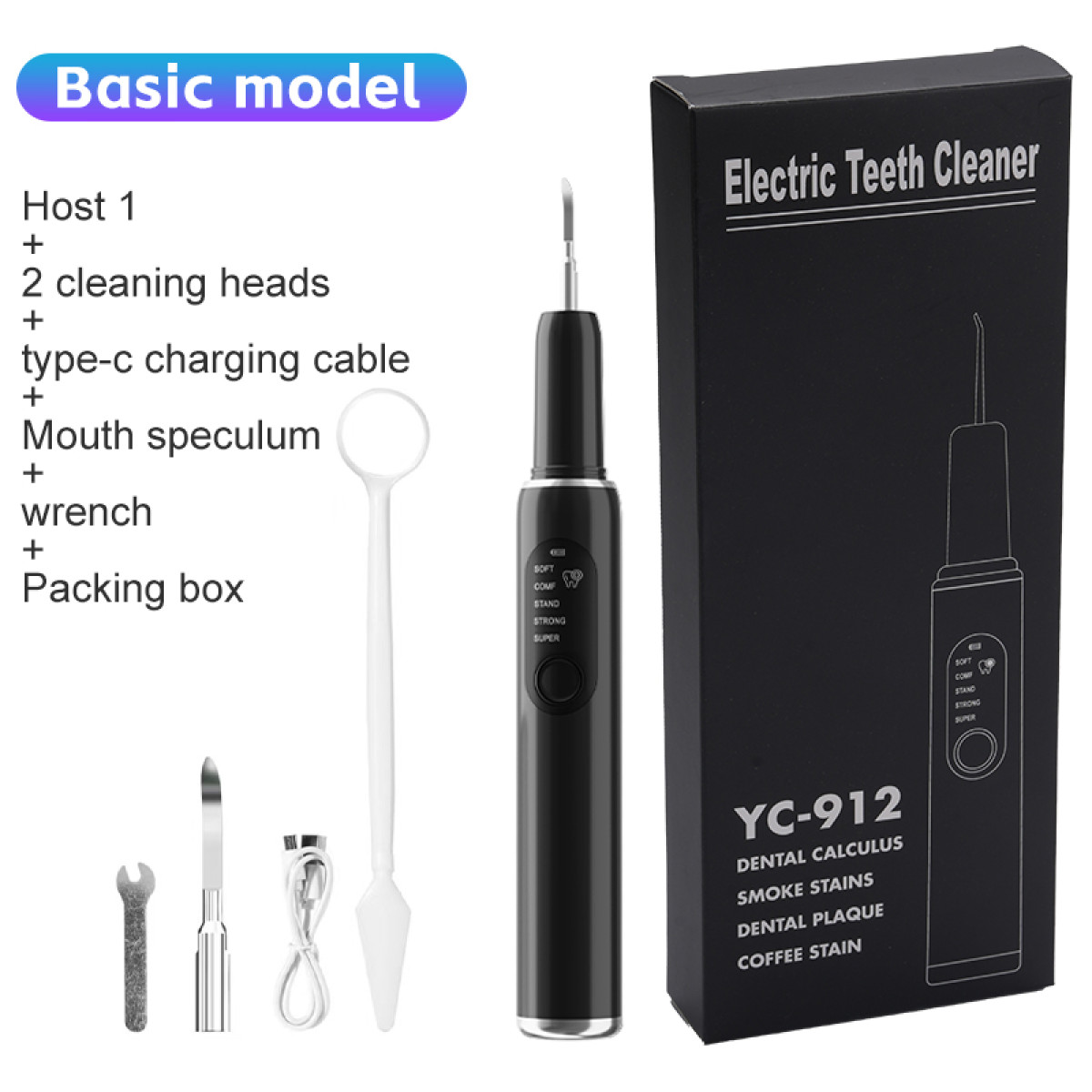 A black electric teeth cleaner with accessories and a box, labeled 'Electric Teeth Cleaner' and 'YC-912'.