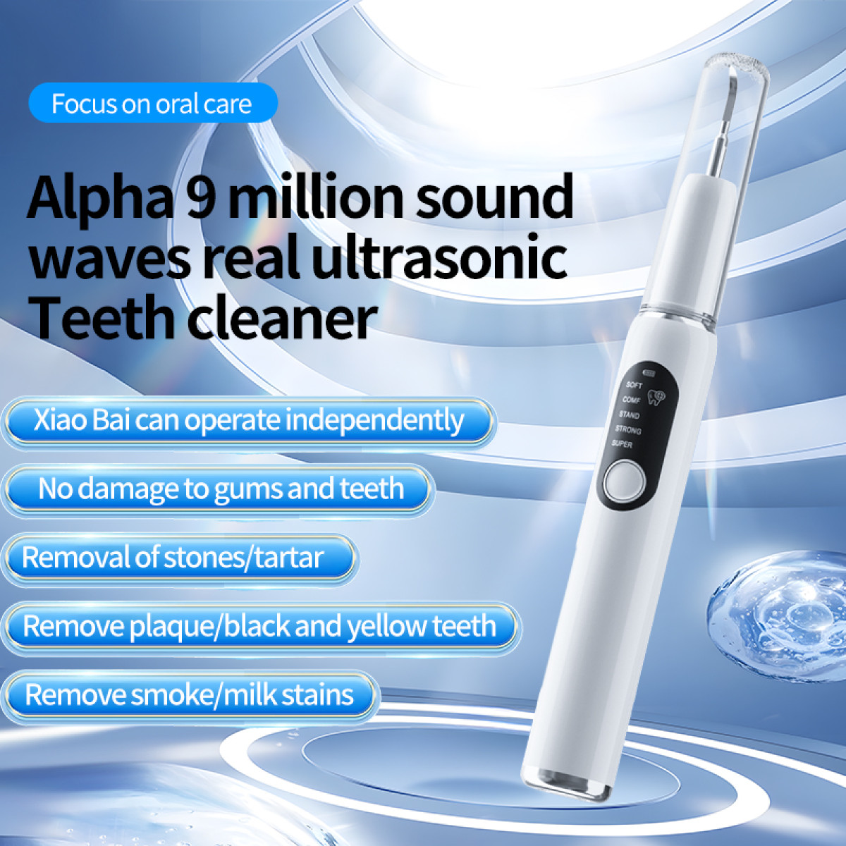 A white ultrasonic teeth cleaner is shown. Text highlights features: remove plaque, stones, and stains. The device has buttons and settings.