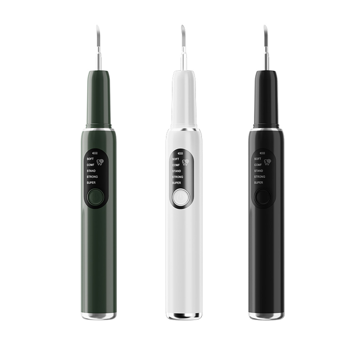 Three dental scalers: green, white, and black. Each has a metal tip and a body with buttons and indicators for different settings.