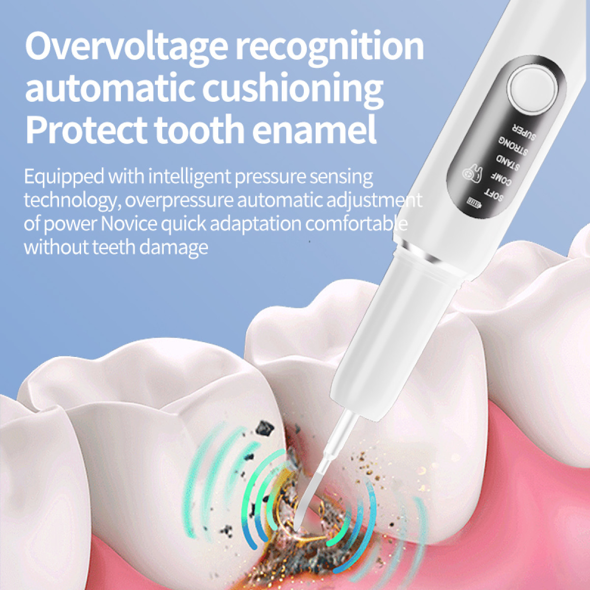 A dental tool cleaning teeth. The tool's tip is near a tooth with debris. Text overlay highlights product features.