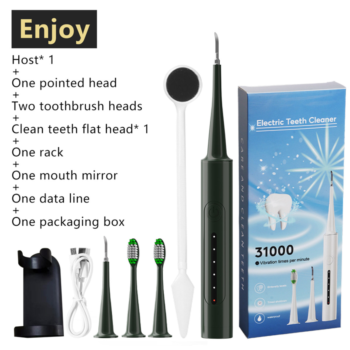 An electric teeth cleaner kit with multiple cleaning heads, a mouth mirror, and a packaging box. Includes a black stand.