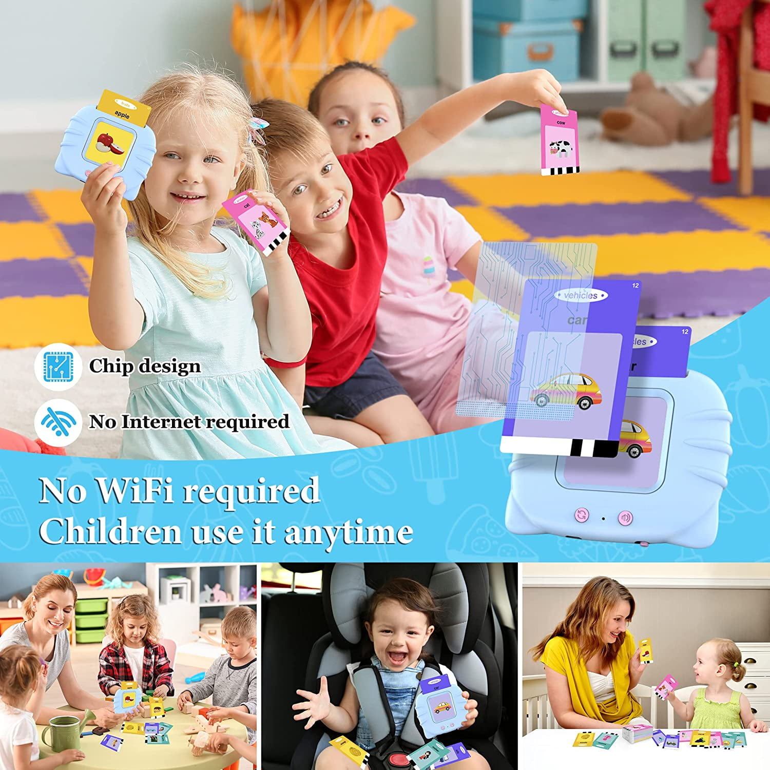 Kinder halten Karten mit Bildern von Apfel, Katze und Kuh. Ein blaues Gerät zeigt ein Auto. Text zeigt, dass kein WLAN benötigt wird.