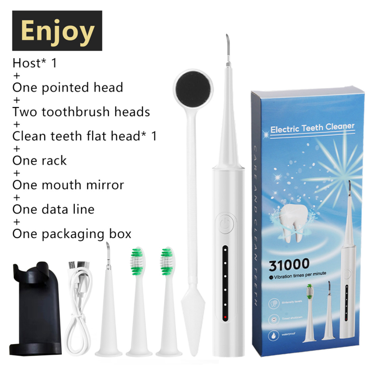 A white electric teeth cleaner set with accessories, including heads, mirror, and a box. Text includes 'Enjoy' and 'Electric Teeth Cleaner'.