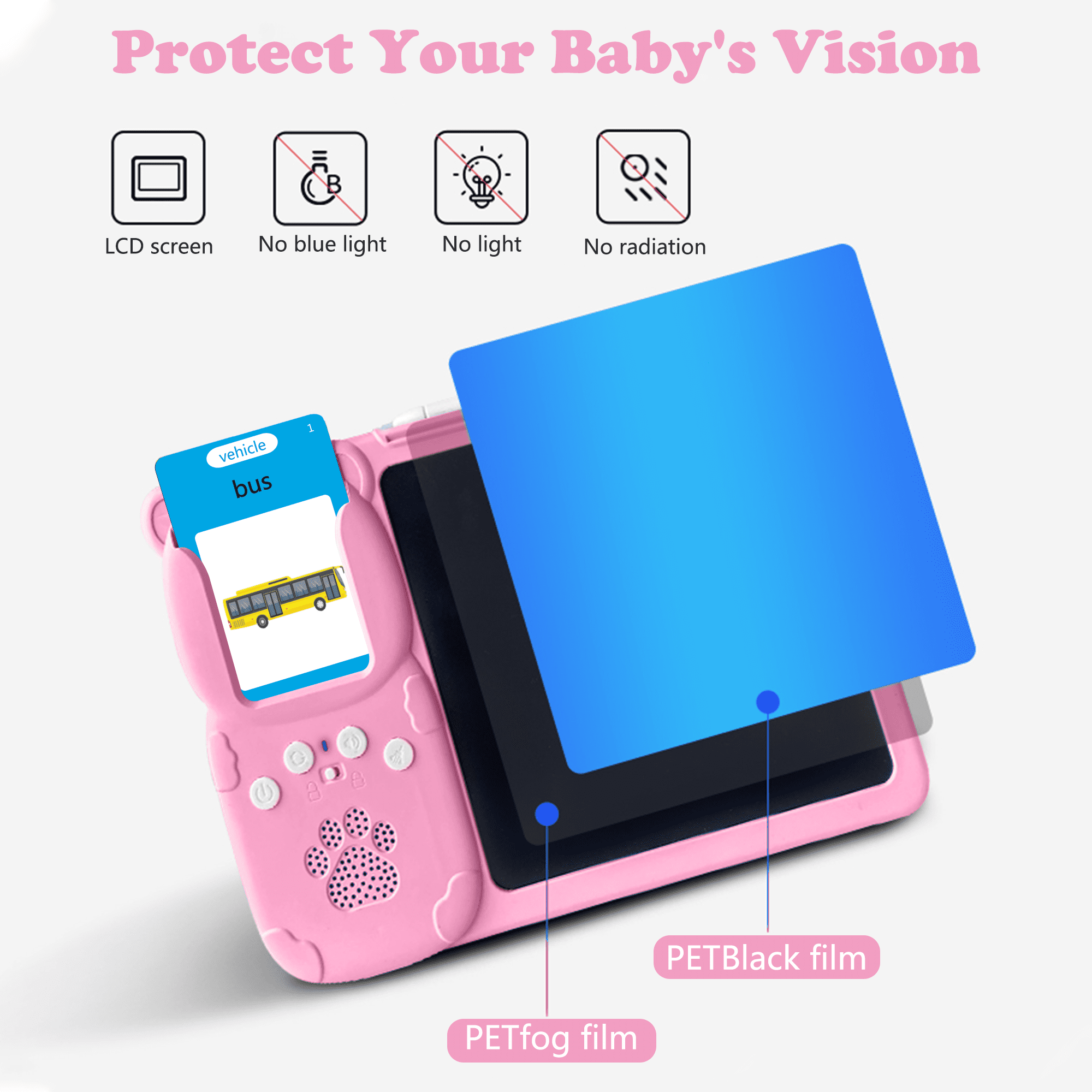 Rosa Baby-Sichtschutz mit LCD-Bildschirm, Karte mit Bus-Illustration. Blaues Licht und Strahlung sind durchgestrichen.