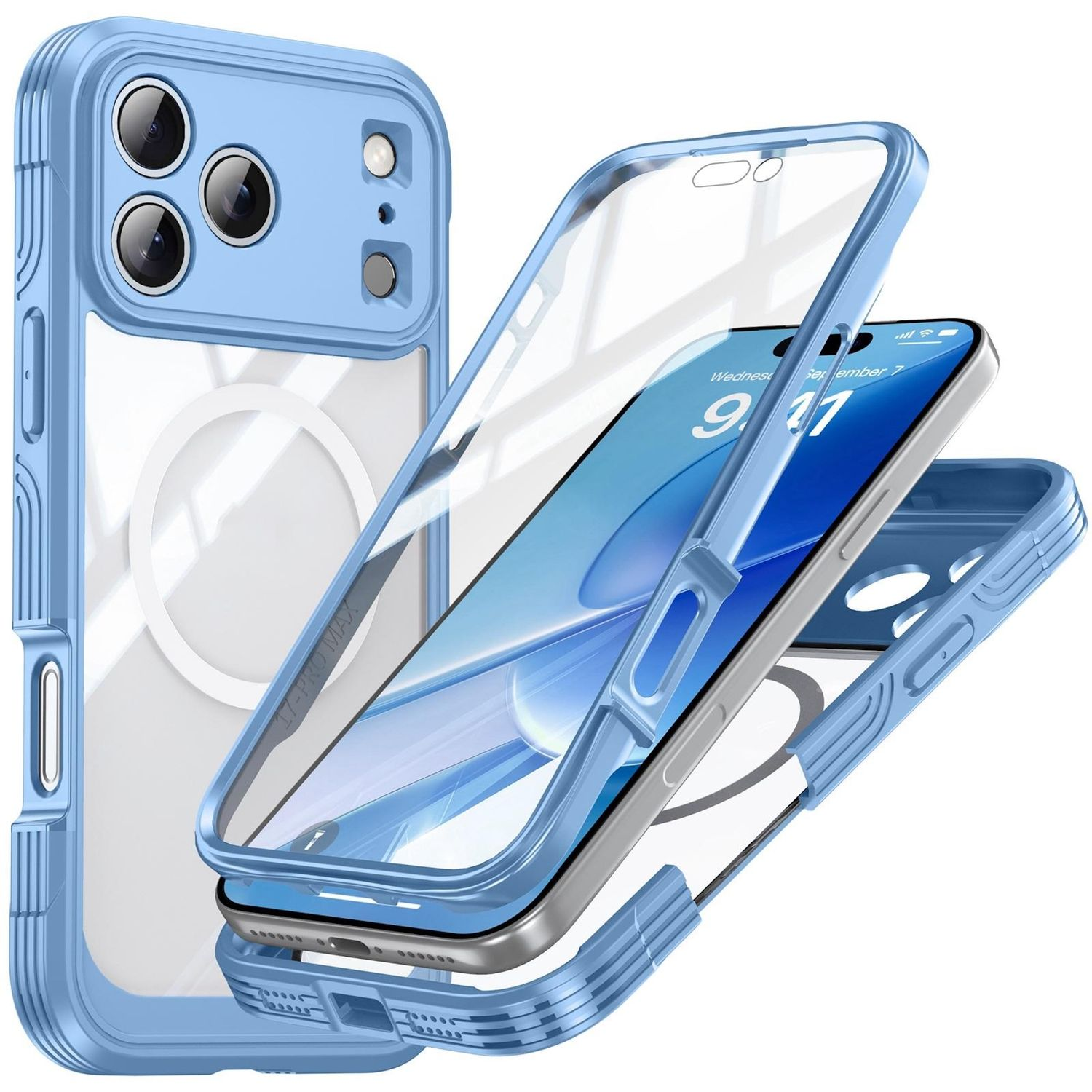 Zerlegtes Handycase in Hellblau. Teile sind ein Rahmen, eine transparente Abdeckung und ein Telefon mit Uhrzeit.