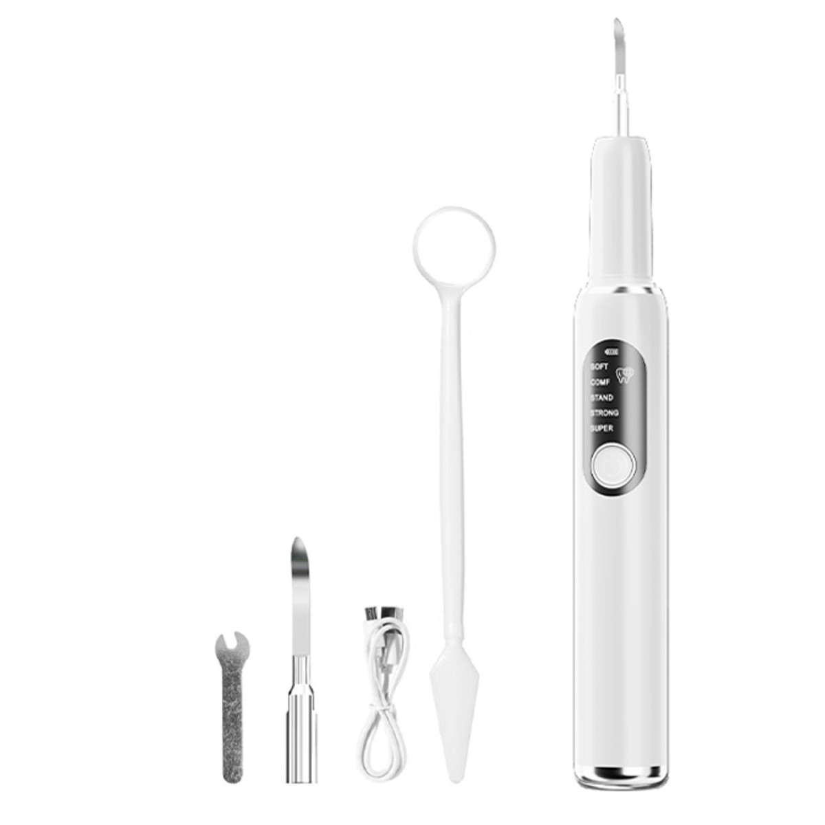 A white dental cleaning kit. It includes a powered scaler, mirror, several metal tools, and a charging cable. All on a white background.