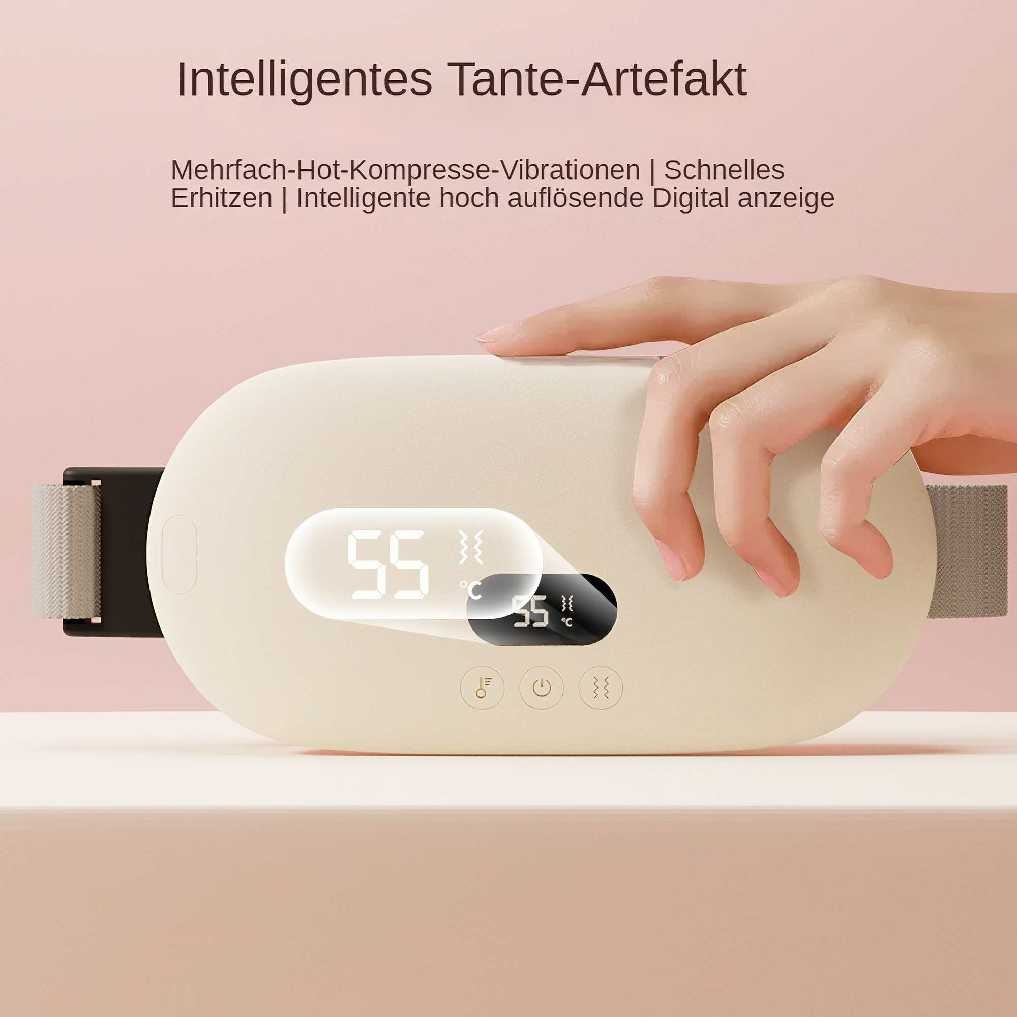Eine Hand berührt ein cremefarbenes Heizkissen mit Digitalanzeige, die die Temperatur anzeigt. Rosa Hintergrund, deutscher Text oben.
