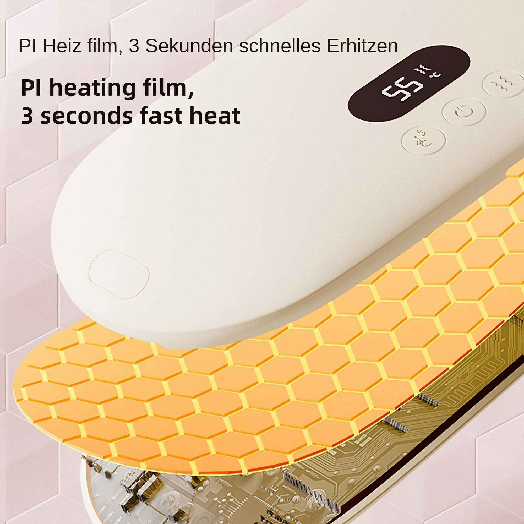 Ein Gerät mit Digitalanzeige, die 55°C zeigt. Es hat ein Wabenmuster und Text, der schnelles Aufheizen anzeigt.