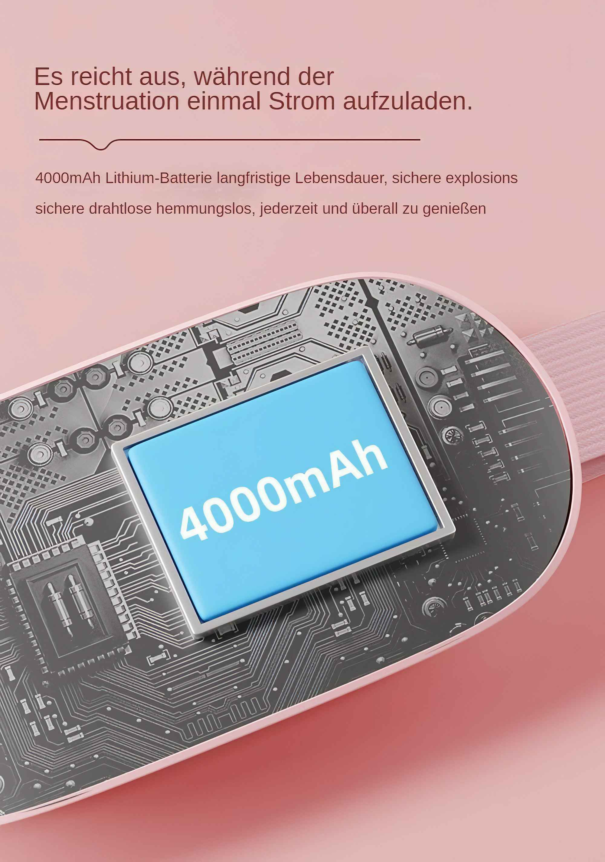 Eine blaue 4000mAh-Batterie befindet sich in einem rosa Gerät, mit Text auf Deutsch. Ein rosa Band ist sichtbar.