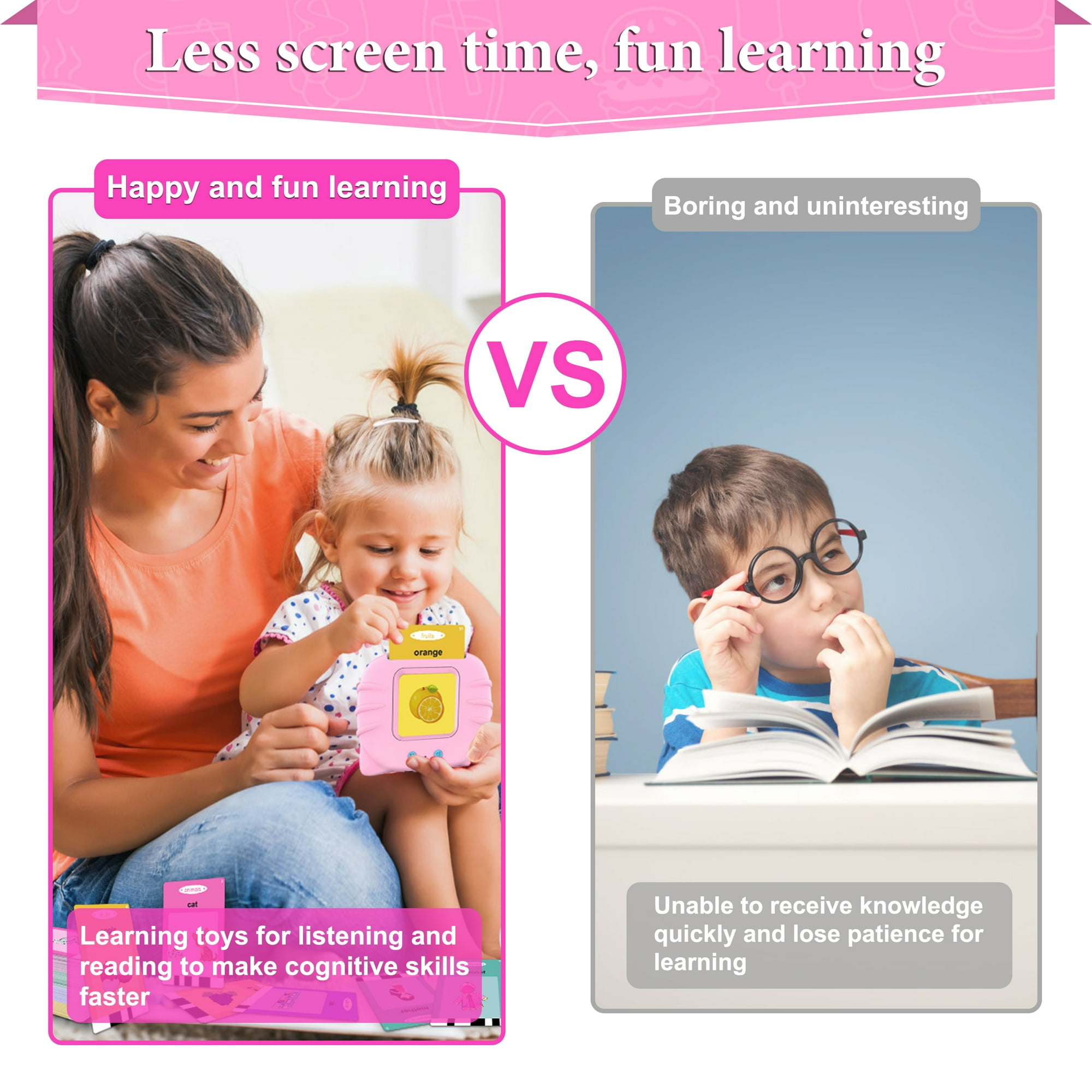 Das Bild zeigt ein Kind und eine Frau, die das Lernen genießen, im Vergleich zu einem gelangweilten Jungen mit Büchern. Text: Glückliches vs langweiliges Lernen.