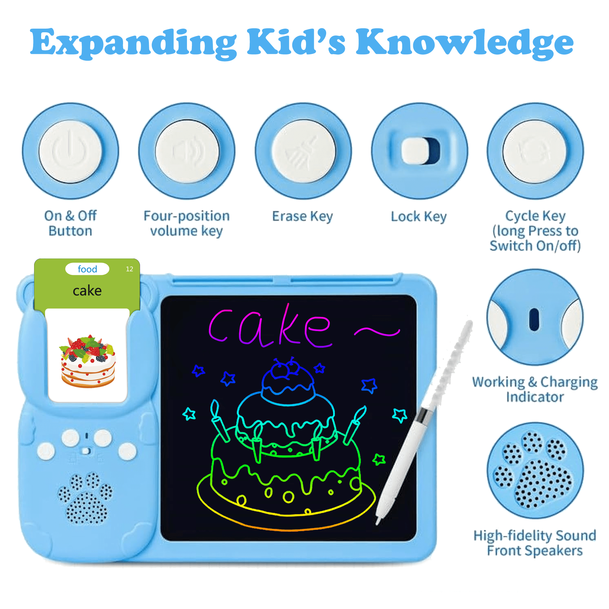 Ein blaues Lern-Tablet für Kinder mit Knöpfen, einer Kuchenzeichnung und einer Kuchenkarte.