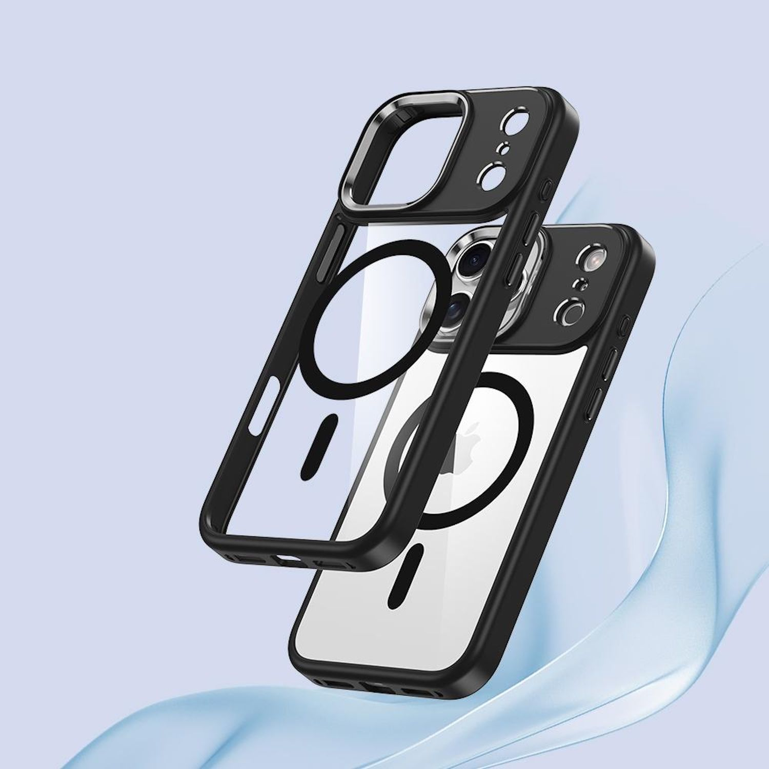 Zwei schwarze und transparente Handyhüllen auf hellblauem Hintergrund, mit einem wellenförmigen blauen Design im Vordergrund.