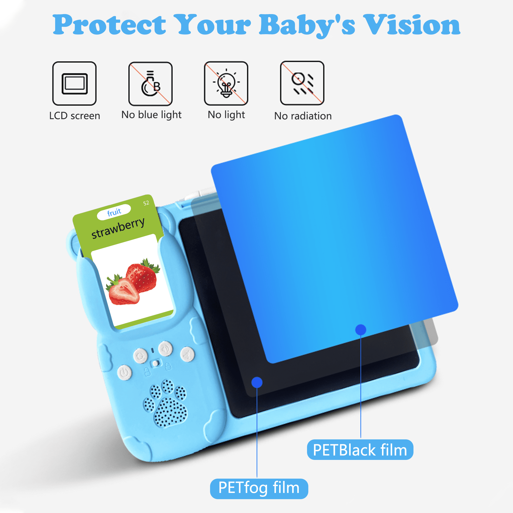 Blaues Baby-Tablet mit Erdbeer-Karte. Merkmale: LCD-Bildschirm, kein blaues Licht, kein Licht, keine Strahlung. Etiketten: PETfog-Folie, PETBlack-Folie.