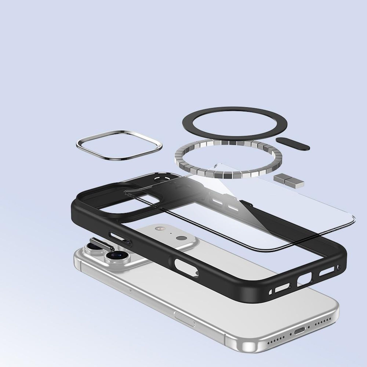 Explosionszeichnung von Telefon und Hülle. Zu den Teilen gehören eine schwarze Hülle, eine klare Displayschutzfolie und ein silberner Magnetring.