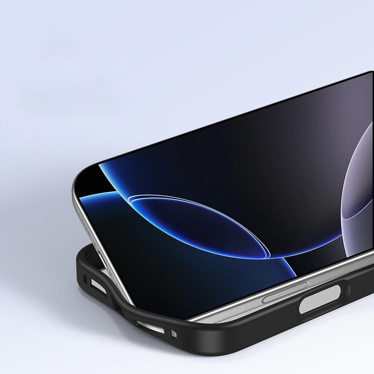 Nahaufnahme eines Smartphones in einer schwarzen Schutzhülle. Der Bildschirm zeigt einen dunkelblauen und schwarzen Farbverlauf, mit weißem Hintergrund.