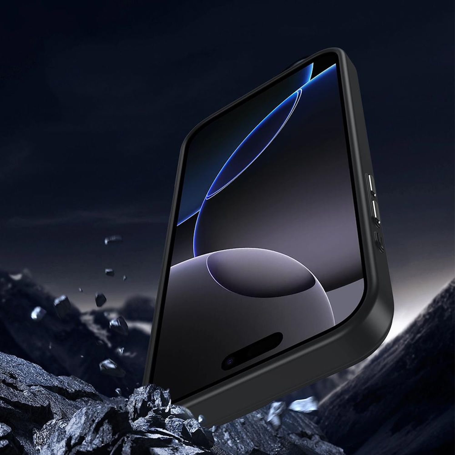 Schwarzes Telefon mit Bildschirm, der ein dunkles Design zeigt, umgeben von einem schwarzen Gehäuse. Fallende Felsen im Vordergrund, dunkler Hintergrund.