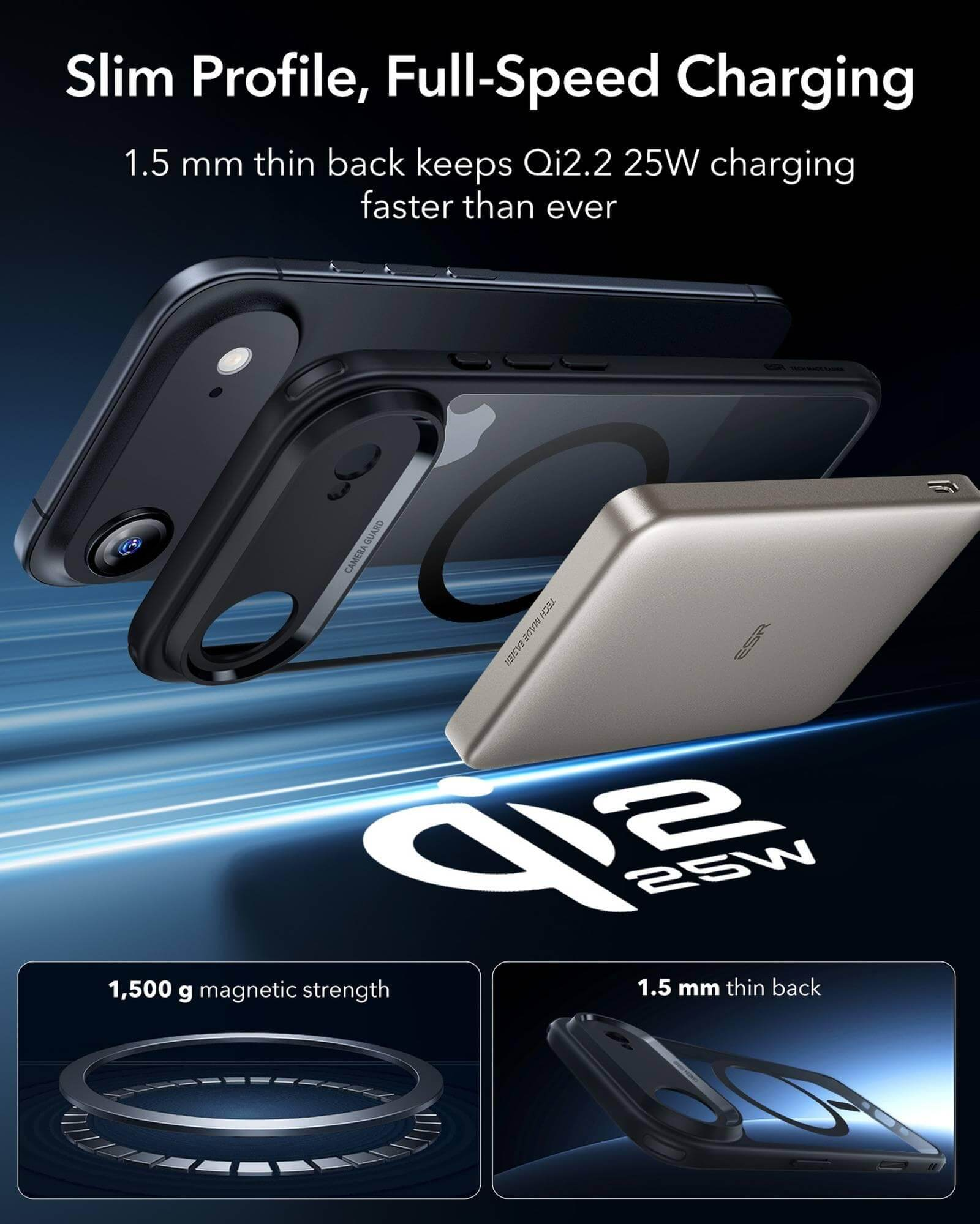 Das Bild zeigt Telefone und eine Powerbank. Der Text wirbt für schnelles Laden und schlankes Design.