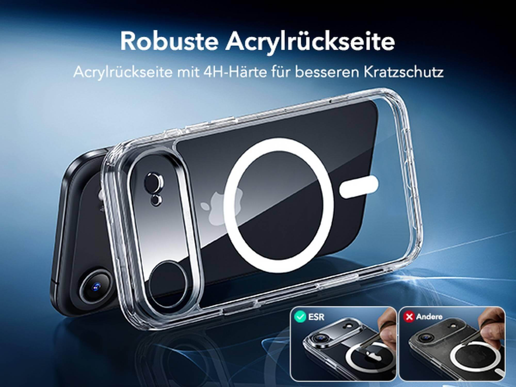 Transparente Handyhülle mit weißem Kreis und schwarzem Telefon. Deutsche Texte oben. Zwei Handyhüllen-Beispiele unten.