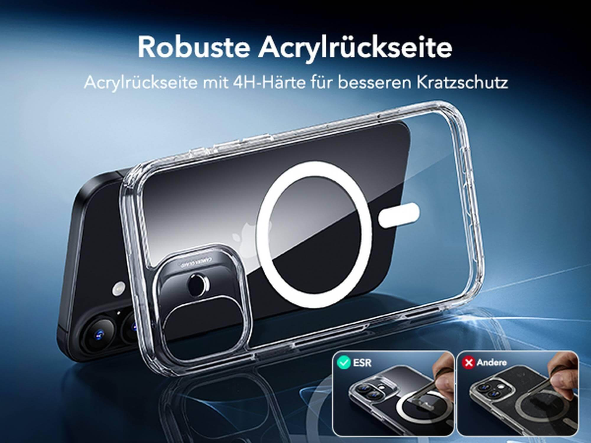 Şeffaf bir telefon kılıfı, telefonun arkasını gösteriyor. Kılıfın beyaz bir halkası var ve 'Robuste Acrylruckseite' olarak etiketlenmiş.