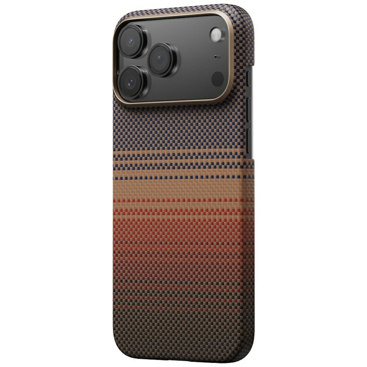 Ein Smartphone mit einer gemusterten Hülle. Die Hülle hat ein gewebtes Design mit einem Farbverlauf von Braun zu Rot und Schwarz.