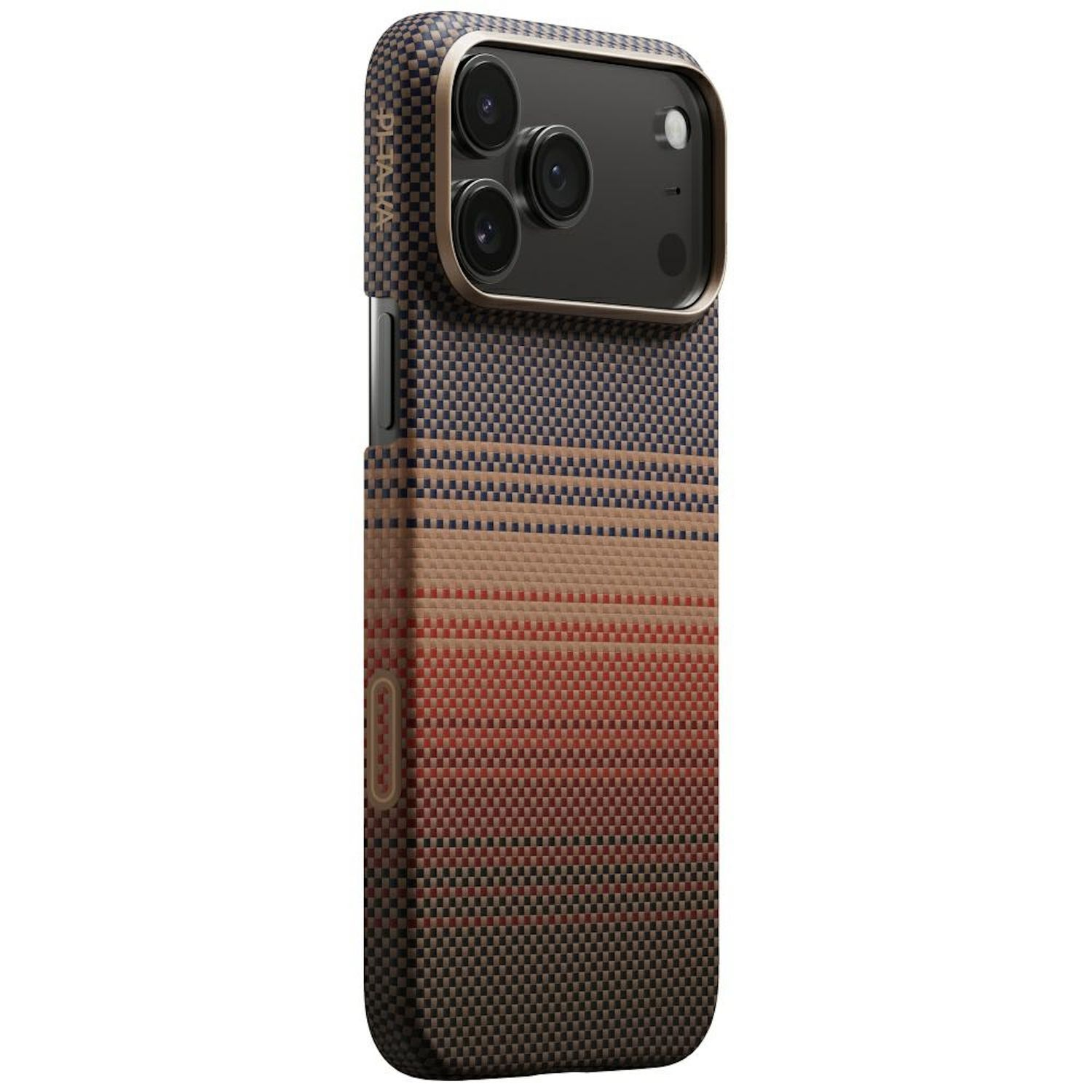 Ein iPhone in einer gemusterten Hülle. Die Hülle hat eine gewebte Textur mit abwechselnden Streifen in Blau, Beige, Rot und Schwarz.