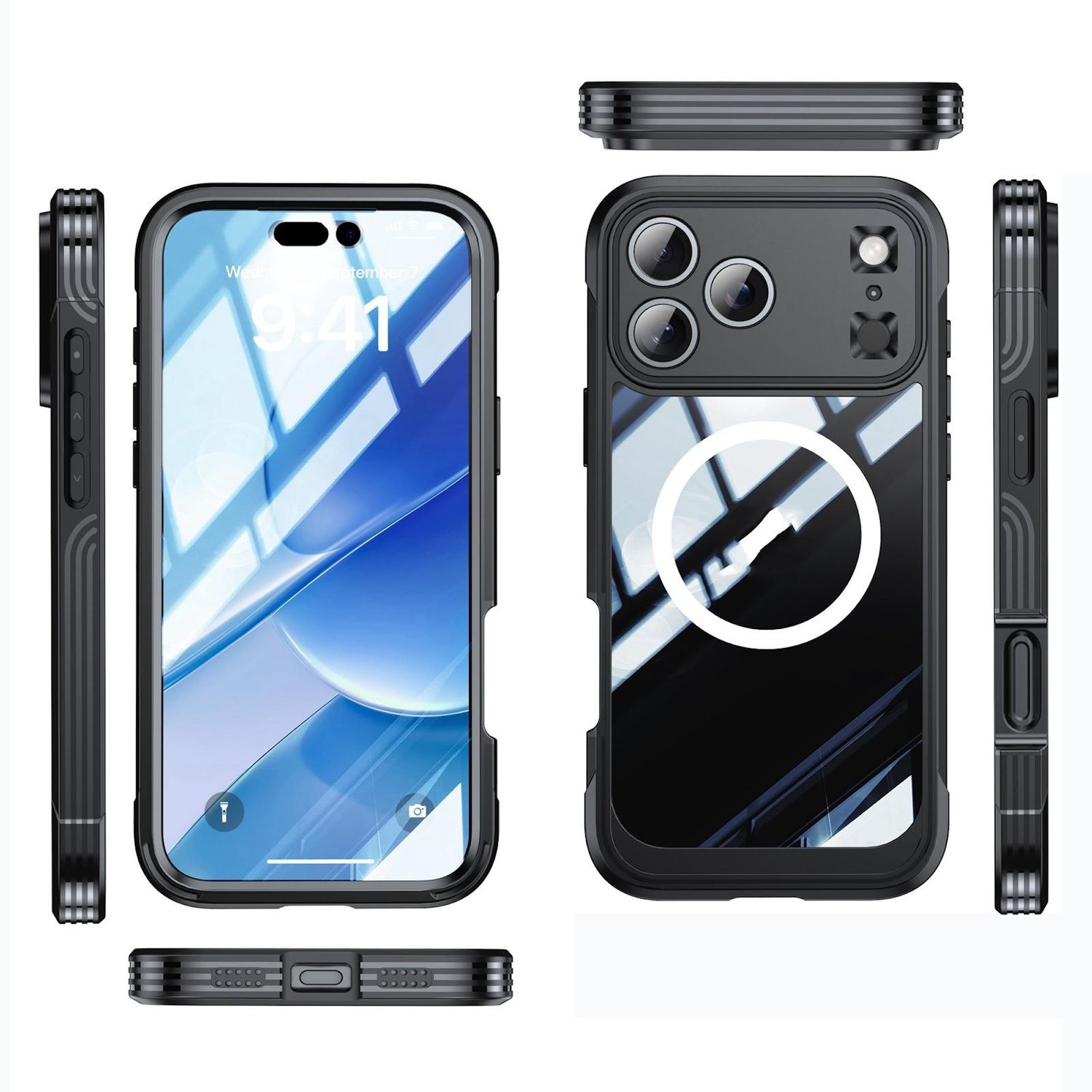 Funda negra para teléfono que muestra ambos lados, con la pantalla frontal mostrando la hora y la trasera mostrando las lentes de la cámara.