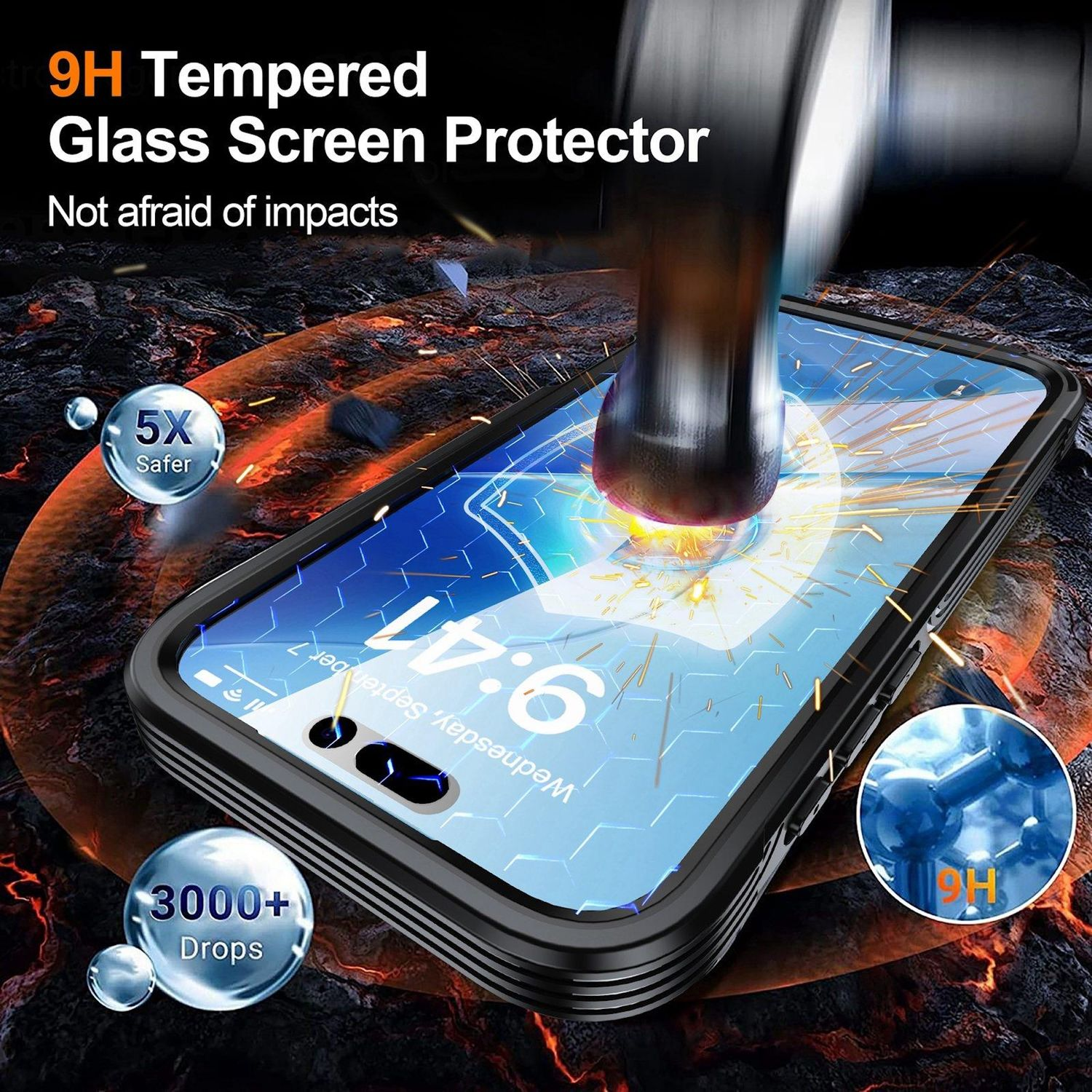 Un protector de pantalla de teléfono golpeado por un martillo. Texto: '9H Tempered Glass Screen Protector' y 'Not afraid of impacts'.