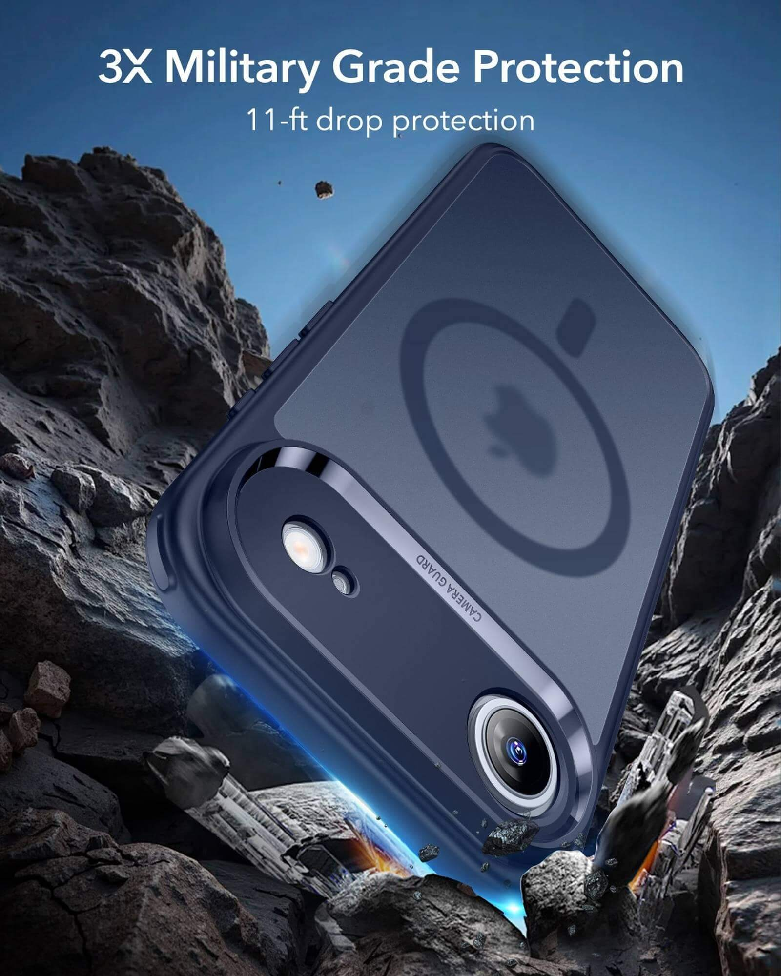 Ein Handycase wird in einer felsigen Umgebung gezeigt. Das Case ist dunkelblau. Der Text oben lautet: 3X Military Grade Protection.