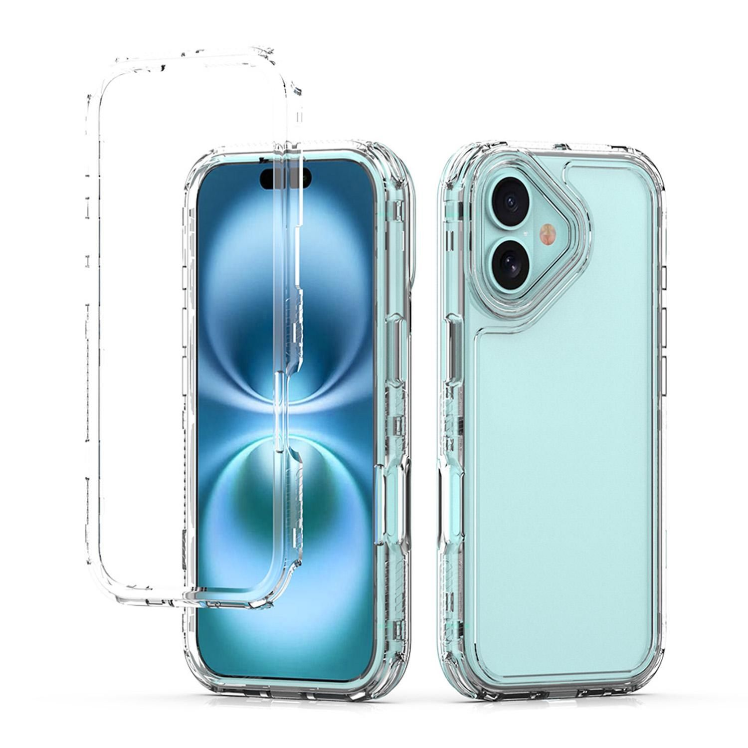 Tres fundas para teléfono, dos montadas y una desmontada. Una funda está en un teléfono azul. El fondo es blanco.