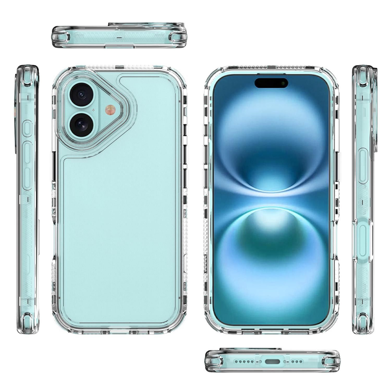 Múltiples vistas de una funda transparente para teléfono con un teléfono azul claro en el interior. La funda tiene un parachoques transparente.