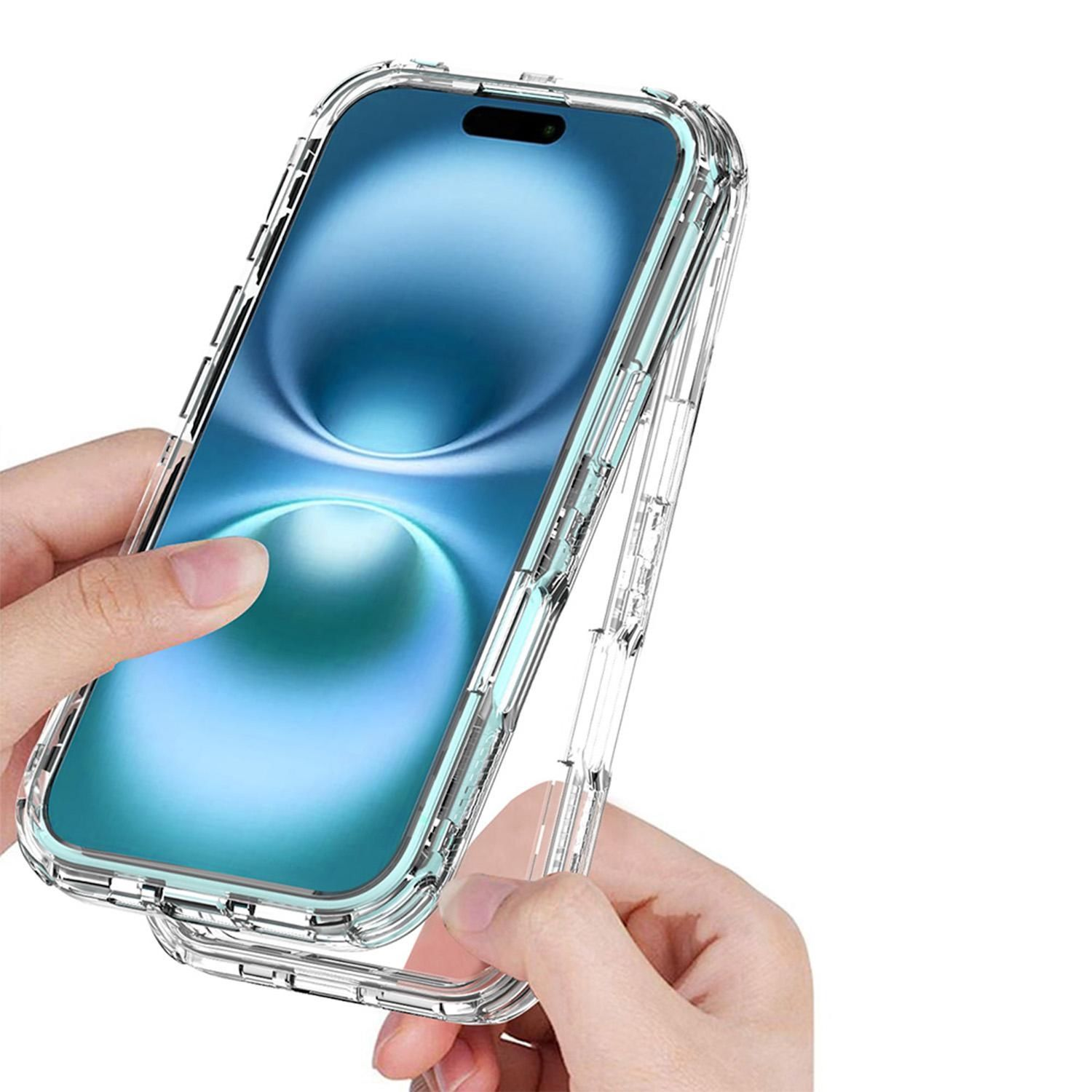 Una persona sostiene una funda transparente para teléfono con un teléfono dentro. La pantalla muestra un degradado azul. Las manos son visibles.