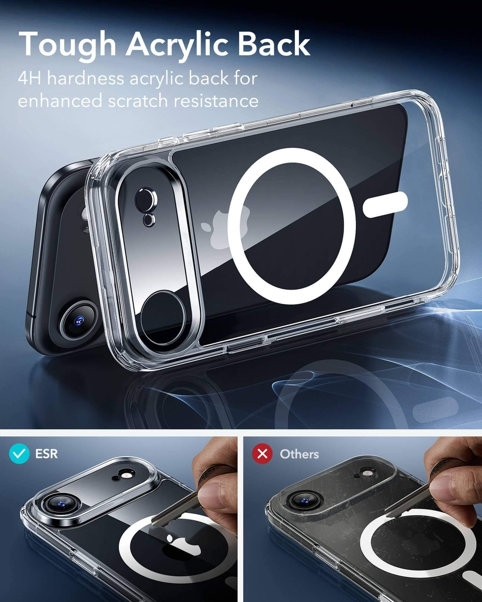 İçinde siyah telefon bulunan şeffaf telefon kılıfı, arkasında beyaz daire tasarımı. Metin: Tough Acrylic Back.