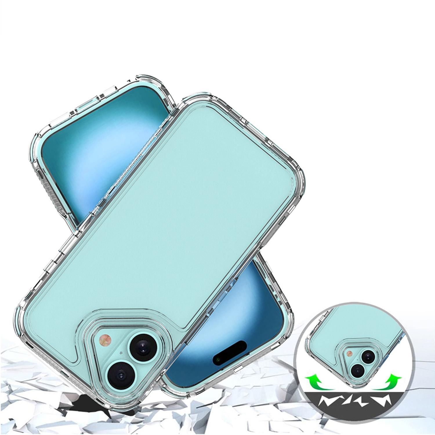 Dos fundas de teléfono, una azul claro, la otra parcialmente visible, con un borde protector transparente. El fondo es blanco con algunas baldosas rotas.