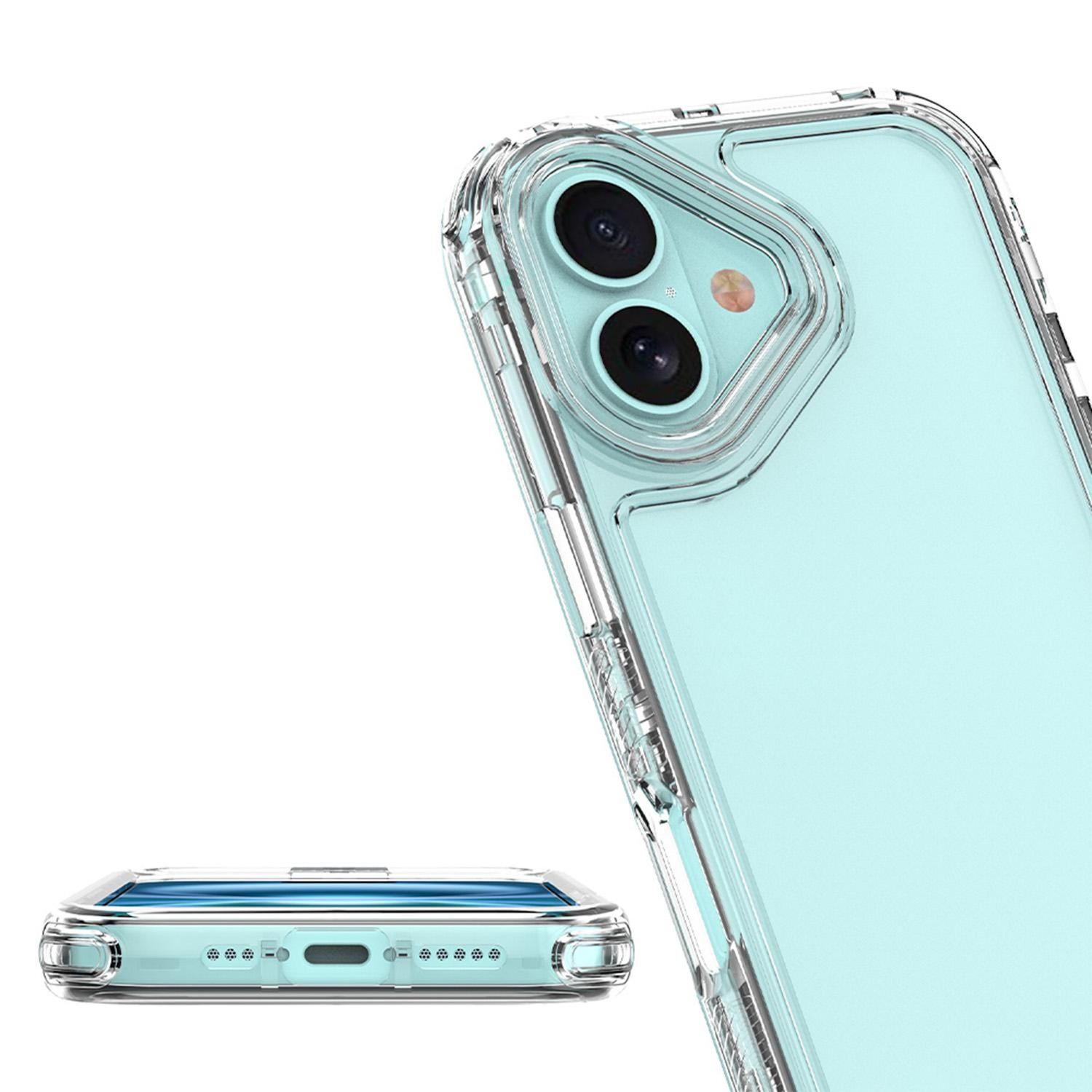Una funda transparente para teléfono en un teléfono azul claro. La funda es transparente y la cámara y los botones del teléfono son visibles.