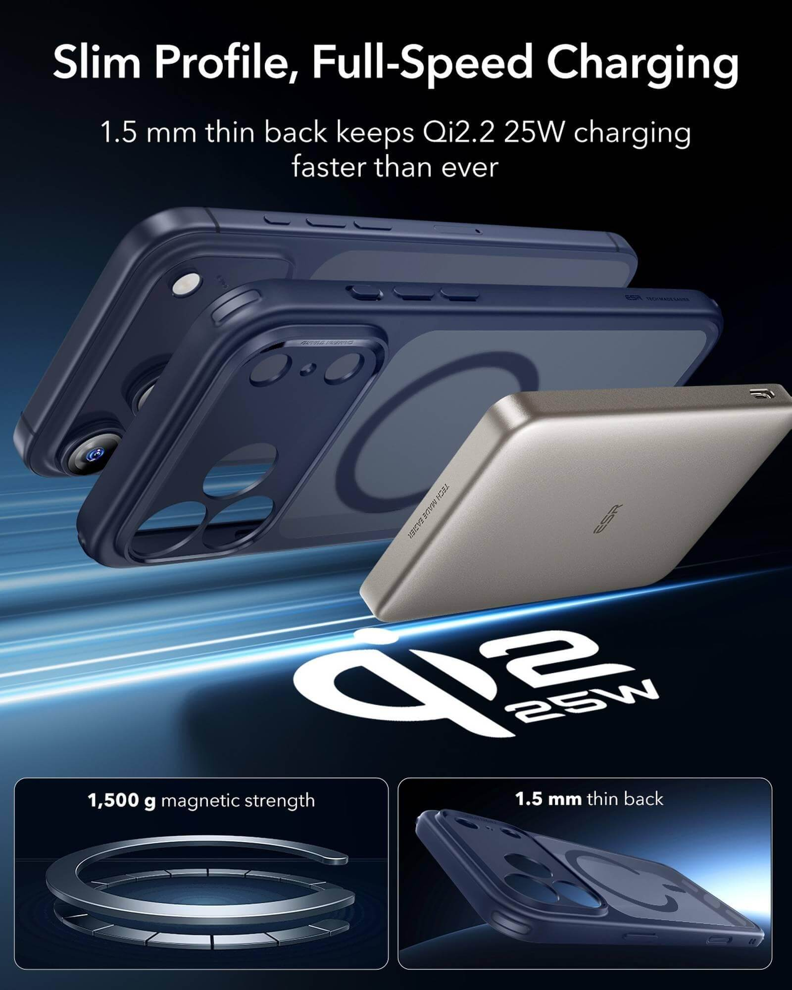Das Bild zeigt Handyhüllen mit einer Powerbank. Der Text hebt schlankes Profil, schnelles Laden und Magnetkraft hervor.