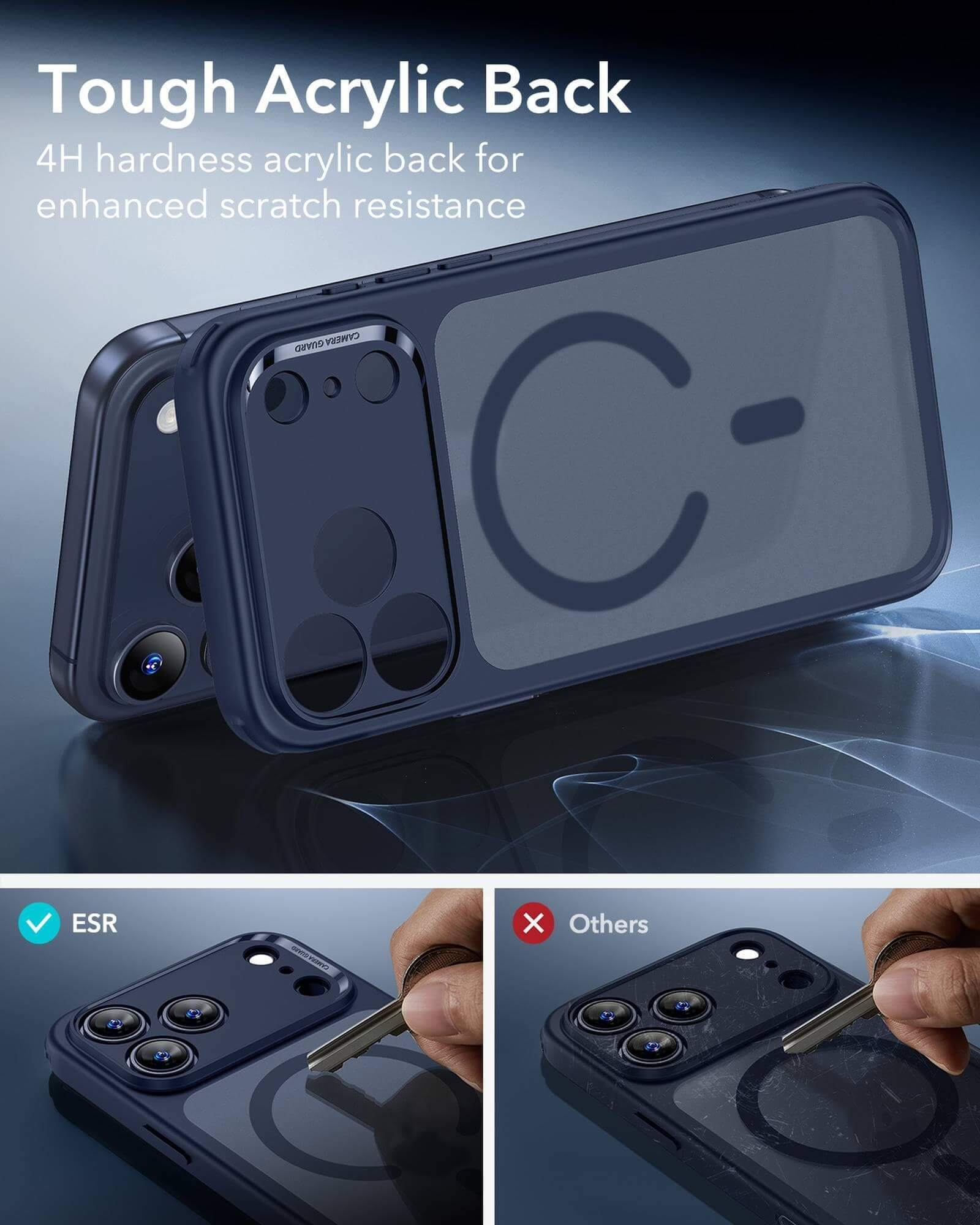 Zwei dunkelblaue Handyhüllen mit C-förmigem Design und Text. Eine Hülle wird mit einem Schlüssel zerkratzt.