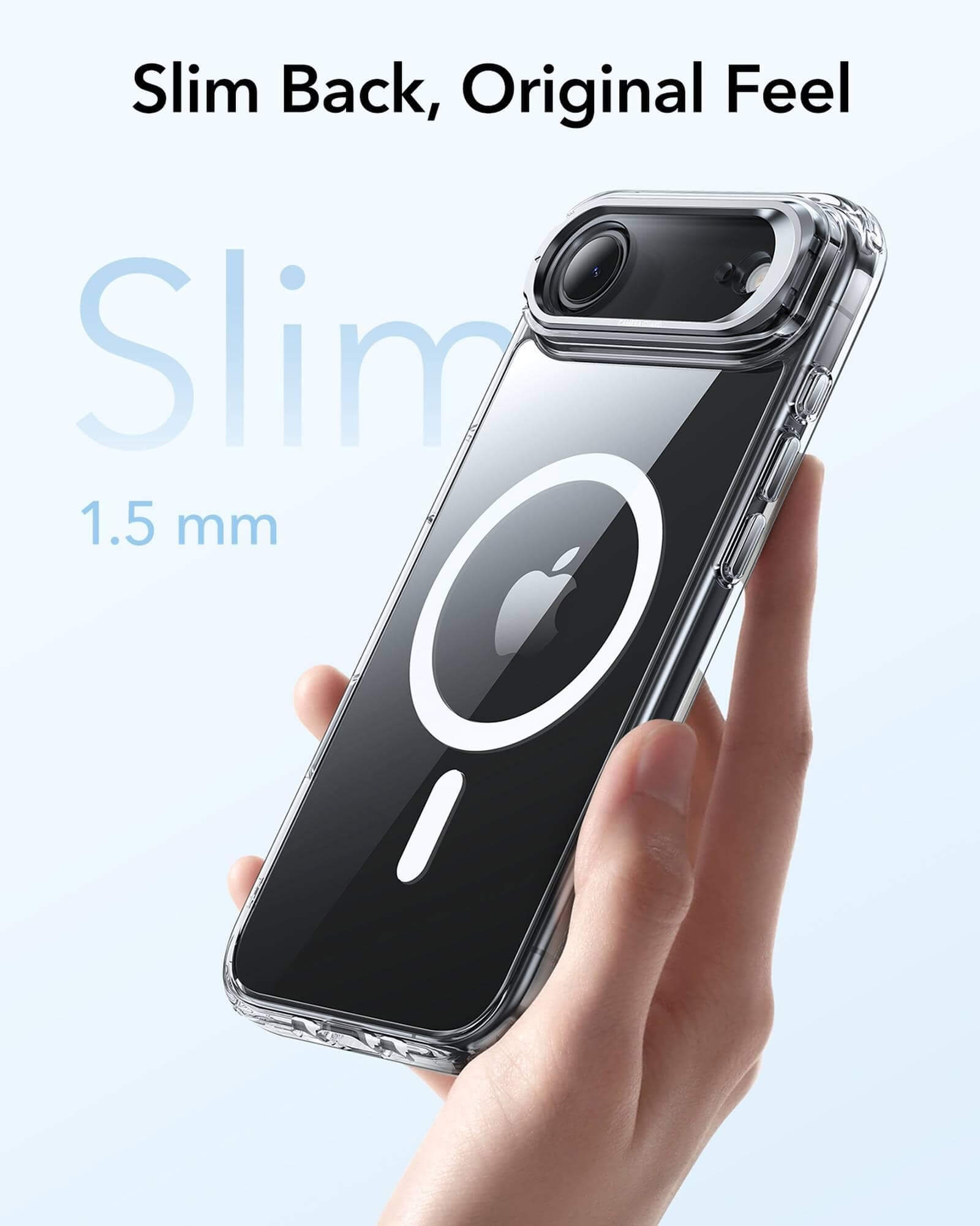 Eine transparente Handyhülle wird von einer Hand gehalten. Die Hülle zeigt ein iPhone mit einem Apple-Logo. Der Hintergrund ist weichblau.