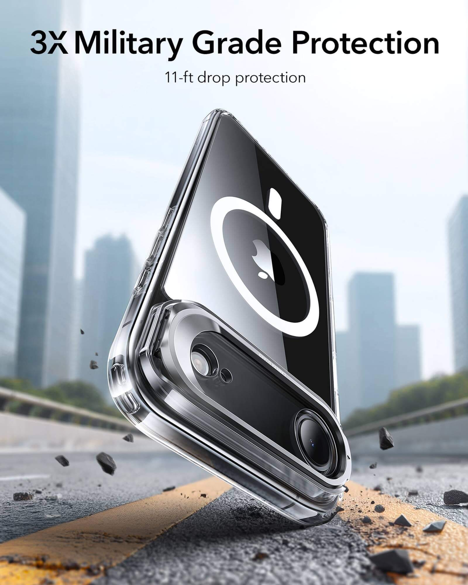 Eine Telefonhülle in der Luft. Text lautet '3X Military Grade Protection'. Hintergrund zeigt Gebäude und Straße.