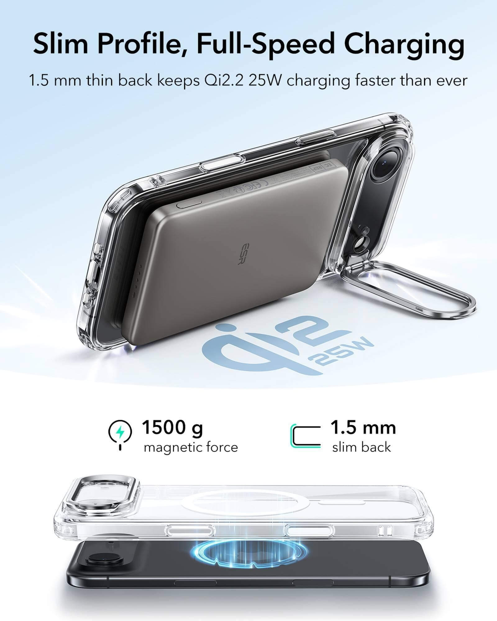 Ein Telefon mit einer grauen Powerbank, dargestellt in einer transparenten Handyhülle. Text zeigt Ladefunktionen und Spezifikationen.