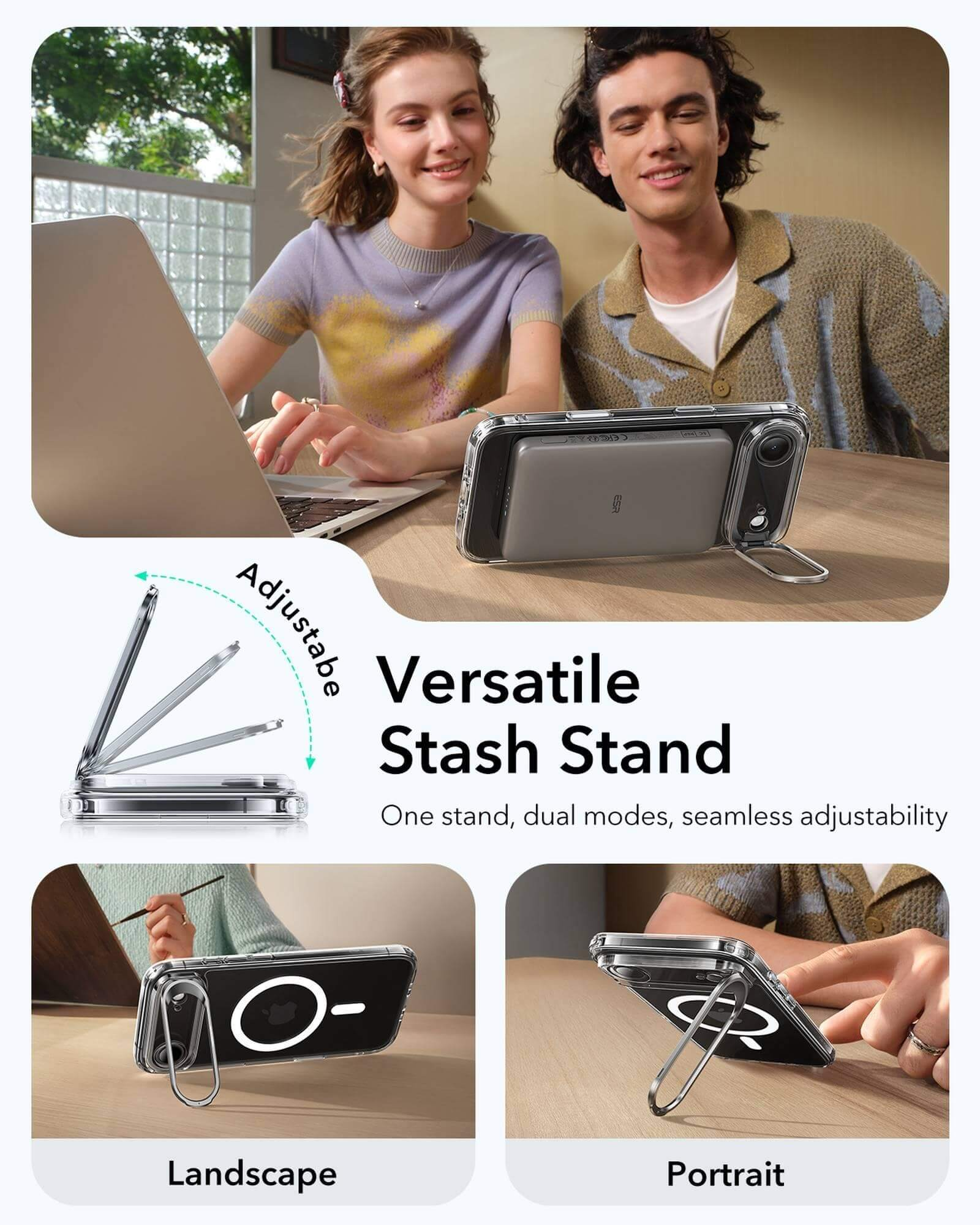 Zwei Personen in der Nähe eines Laptops, ein Telefon mit Ständer. Das Telefon befindet sich im Quer- und Hochformat. Der Ständer ist verstellbar.