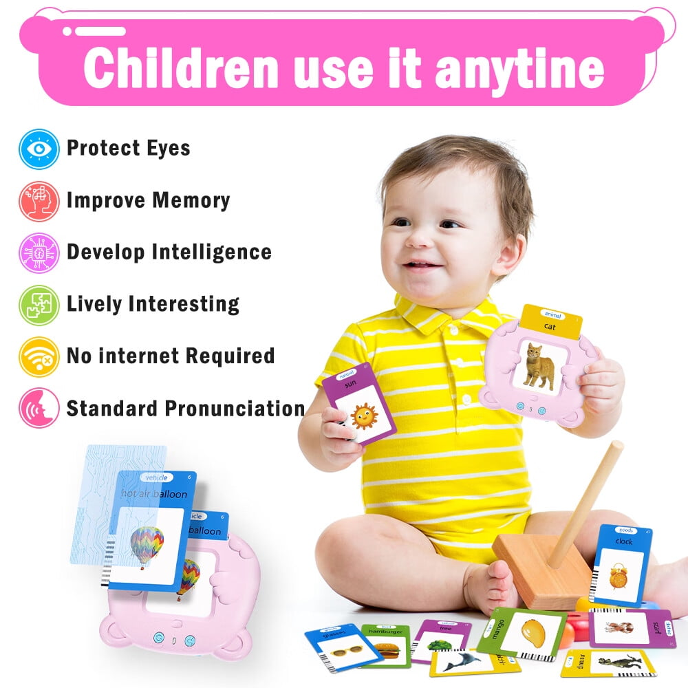 Ein Baby hält Karten mit Bildern. Der Text lautet: Schützen Sie die Augen, Verbessern Sie das Gedächtnis, Entwickeln Sie die Intelligenz, Lebendig und interessant, Kein Internet erforderlich.