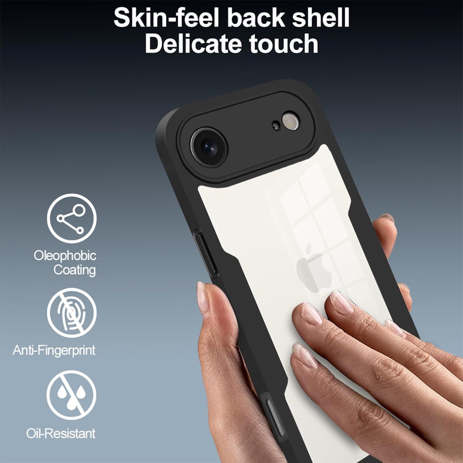 Eine Hand hält eine schwarze Handyhülle mit einem weißen Apple-Logo. Der Text weist auf Hautgefühl, zarte Haptik, oleophobe Beschichtung, Anti-Fingerprint und Ölbeständigkeit hin.